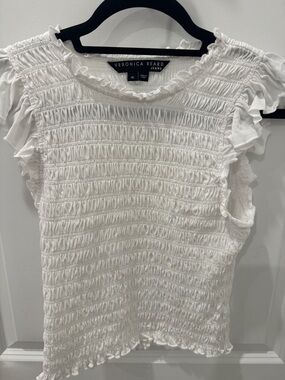 Veronica Beard White Smocked Ruffle Sleeve Top